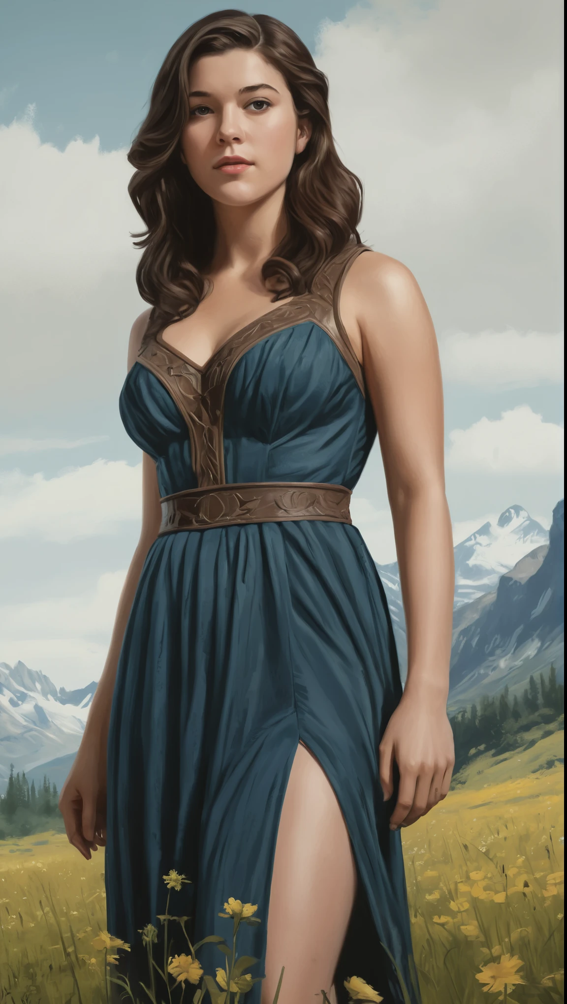 An illustrated movie poster, hand-drawn, full color, a Westerosi girl, wearing a long regal dress, resembles Mary Elizabeth Winstead, sun-tanned complexion, tall, athletic, Amazonian figure, curvy, toned midriff, bottom-heavy, generous hips, massive bubble-butt, ridiculously thick powerful thighs, dark hair, long hair, waist-length hair, posing in a meadow of wildflowers, hard shadows, graphite shading, stencil marks, airbrushed acrylic paint, masterpiece, in the style of Skyrim