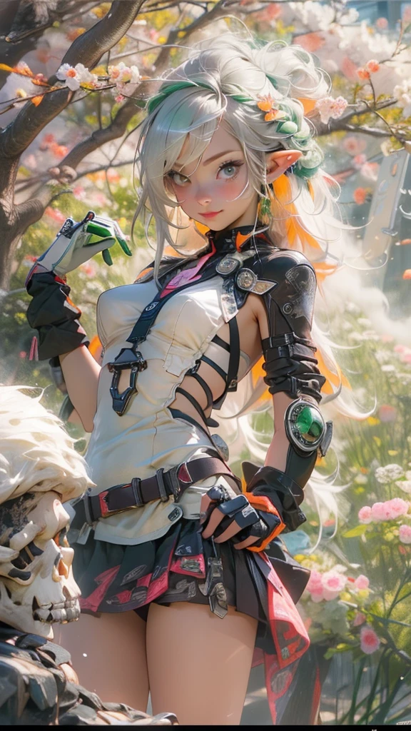 ((Create one girl + ye, (full height), (masterpiece, Best quality), (1 elf), (1 girl), (sexy), (One, bangs, dyed red hair) (White armor cyber skulls), (long black tights with gloves), (stands upright), (mysteriously))_((green:1.5, orange:1.1, white: 1.3, yellow:1.3))_ ((very sexy girl with dreadlocks, tattoos, bare parts of the body), (down jacket: 1.2, on the naked body, T-shirt, thong))_((Beautiful figure, half a turn 16+ years o) ,()), ( (small peach breasts, graceful figure, narrow waist, smooth hips), (long double braids), (tight braids), (braided hair), (dark hair), (red lips), (smile))_ ((Shiny skin :1.5, white skin, light skin: 1.5)), ((sexy), (cute))_((Fractals, lights, leaves, fog, cherry blossoms, circles background))_((Chiaroscuro, contrast , warm-cold), (atmospheric visualization), (best quality), (Virtual realism))_((Digital painting, anime style, cyberpunk), (best quality, 4k, high resolution, masterpiece: 1.2))((ultra detail ), (realistic, photorealistic, photorealistic: 1.37))_((Soft clear shapes, broad strokes, attention to detail))_((High quality, 16K | Ultra HD | Full HD)).