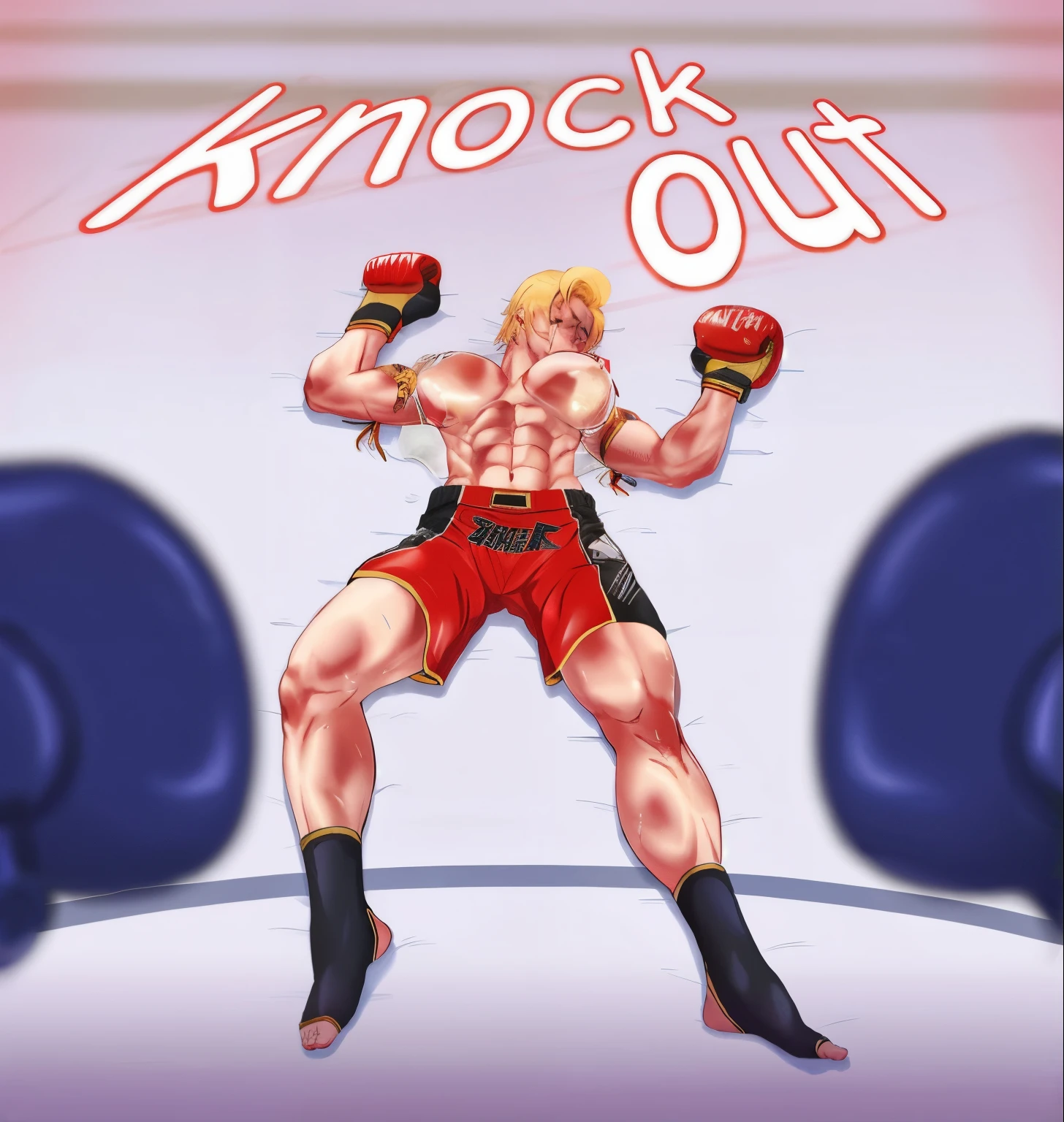 realistic, a caricature of a man with boxing gloves and a boxing glove, knockout punch, punch lightly out, hajime no ippo manga inspired, kickboxing, as a tekken character, official fanart, king of fighters style, muscular, tekken, in a boxing ring, asuka suit under clothes, fighting game character, in fighting pose, fighting pose, art, big female breasts, eight pack, marked abdomen, female muscles, female body, closed eyes, full lips, nostrils, face