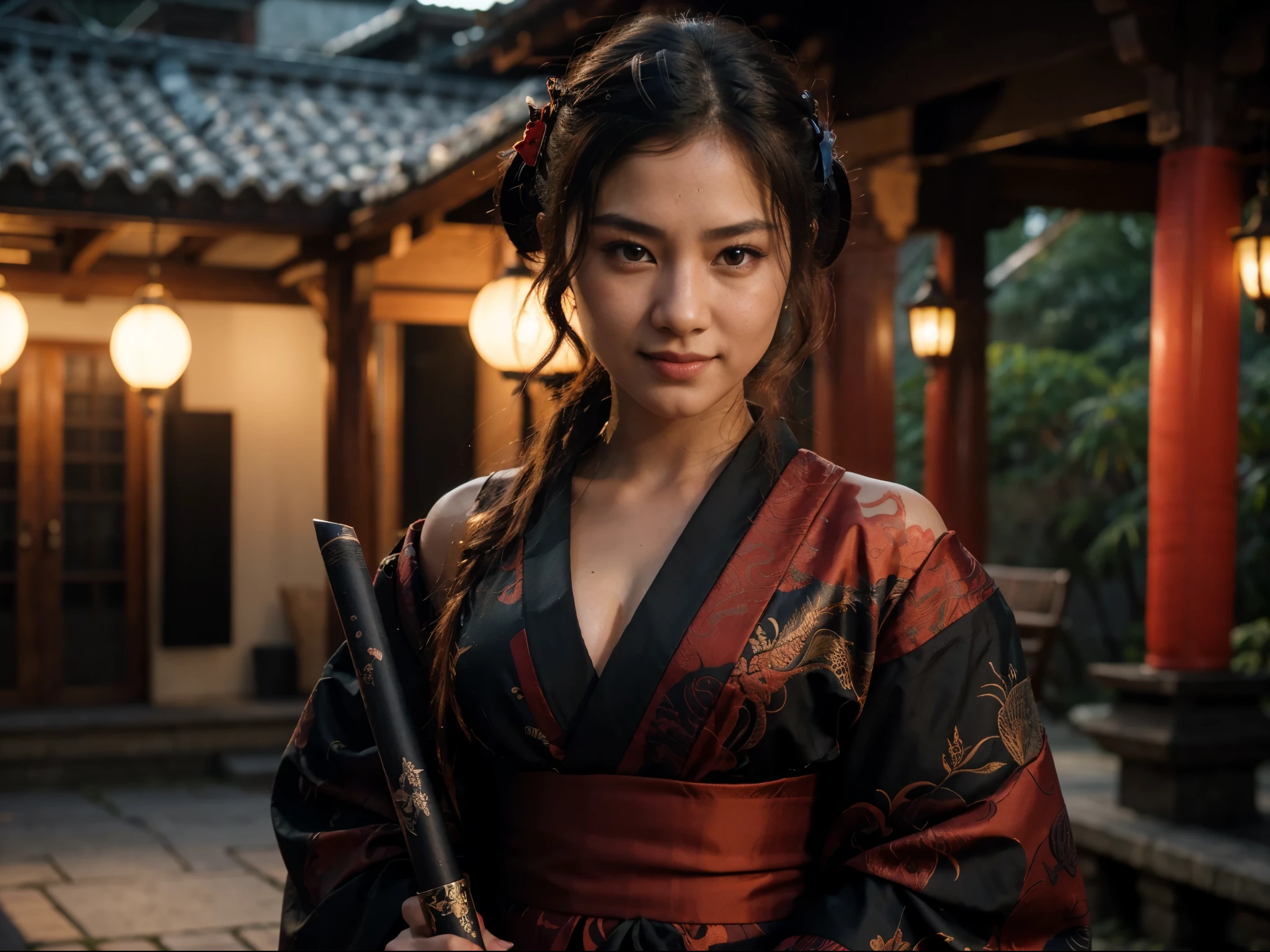 8k Uhd, Dslr,Film Grain, Fujifilm XT3,(Best Quality:1.3), (Masterpiece:1.1), High Resolution, Cinematic Light, Intricate Details, (Photorealistic) (night scene) a realistic backlight dramatic red tone light photography full body of a beautiful japanese geisha girl, ((facial texture pore detail)), grin demonic smile, simple messy hairdo, wearing satin black kimono with traditional dragon motif, open shoulder, full body colourful dragon tattoo, holding long katana blade, inside traditional villa, 8K, bokeh foreground