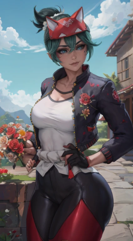 Kiriko overwatch, mulher fofinha, olhos verdes chamativos, de quatro, papel de parede ultra detalhado,   para cima, deitada, Hands, Kiriko overwatch 2 white shirt ((red pants)), (( black jacket and roses flowers symbol on jacket)), ((hands on hips )), ((rosto detalhado)),((Sorriso)), ((curvy body)), (seios grandes), sensual, (( dia)), ((cabelo verde)), ((blue sky)), ((inclinando-se para frente)), (fora de casa)) arvores de sakura,,(( segurando kunai))