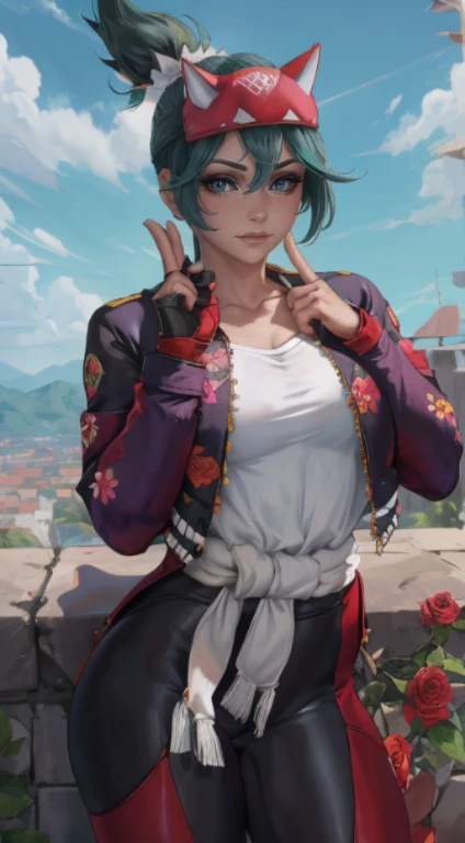 Kiriko overwatch, mulher fofinha, olhos verdes chamativos, de quatro, papel de parede ultra detalhado,   para cima, deitada, Hands, Kiriko overwatch 2 white shirt ((red pants)), (( black jacket and roses flowers symbol on jacket)), ((hands on hips )), ((rosto detalhado)),((Sorriso)), ((curvy body)), (seios grandes), sensual, (( dia)), ((cabelo verde)), ((blue sky)), ((inclinando-se para frente)), (fora de casa)) arvores de sakura,,(( segurando kunai))