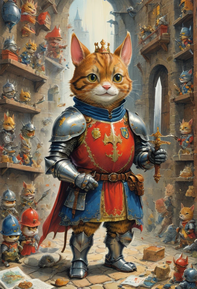 Cat Knight, by Richard Scarry, (masterpiece, best quality, perfect composition, very aesthetic, absurdres, ultra-detailed, intricate details, Professional, official art, Representative work:1.3)