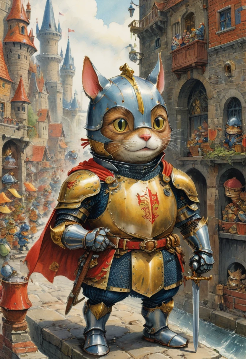 Cat Knight, by Richard Scarry, (masterpiece, best quality, perfect composition, very aesthetic, absurdres, ultra-detailed, intricate details, Professional, official art, Representative work:1.3)