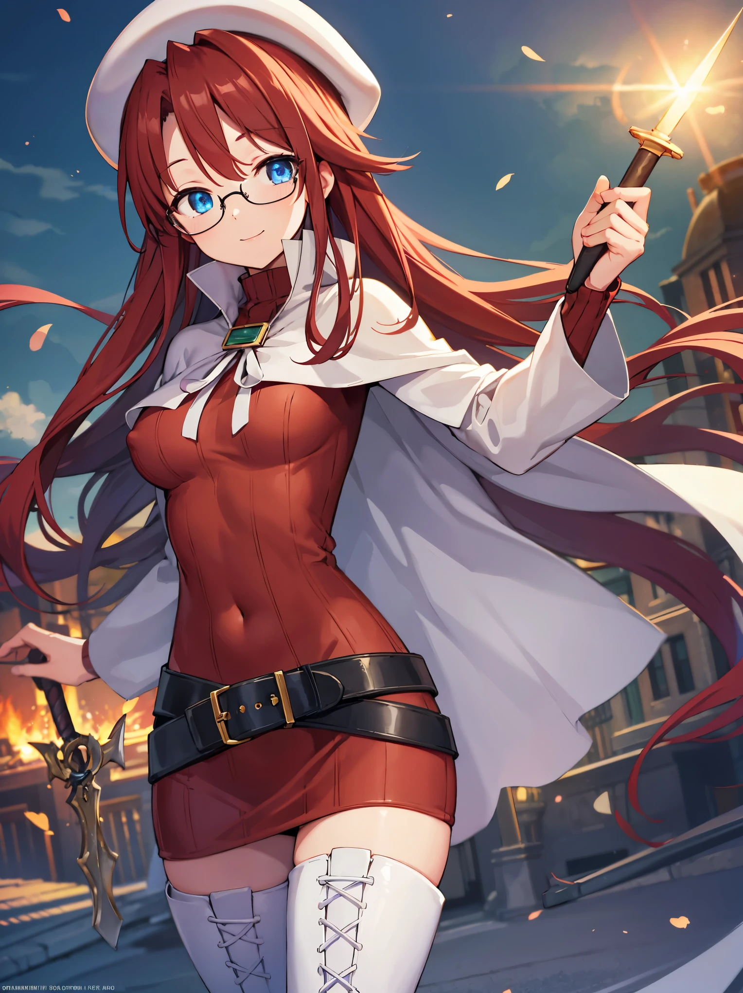 summonnightaty, aty, long hair, blue eyes, red hair, beret, hat, glasses,
BREAK long hair, thighhighs, hat, dress, boots, glasses, belt, cape, sweater, zettai ryouiki, beret, thigh boots, white footwear, ribbed sweater, loose belt,solo,
BREAK outdoors, fantasy,on_a_ship,
BREAK (masterpiece:1.2), best quality, high resolution, unity 8k wallpaper, (illustration:0.8), (beautiful detailed eyes:1.6), extremely detailed face, perfect lighting, extremely detailed CG, (perfect hands, perfect anatomy),covered_nipples,covered_navel,light_smile ,(half_eyes:1.4),sword,armpit,sleepy,dynamic_standing,barrel,red_sweater,apart_legs,magical_effect,focus_breasts,