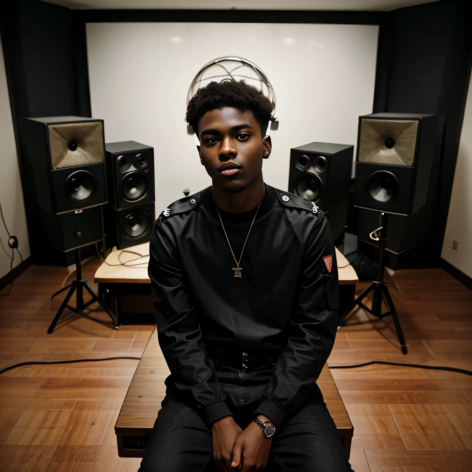 Jovem negro, 22 anos, cabelo curto estilo militar, Sitting at a recording studio table with a microphone on top of the table