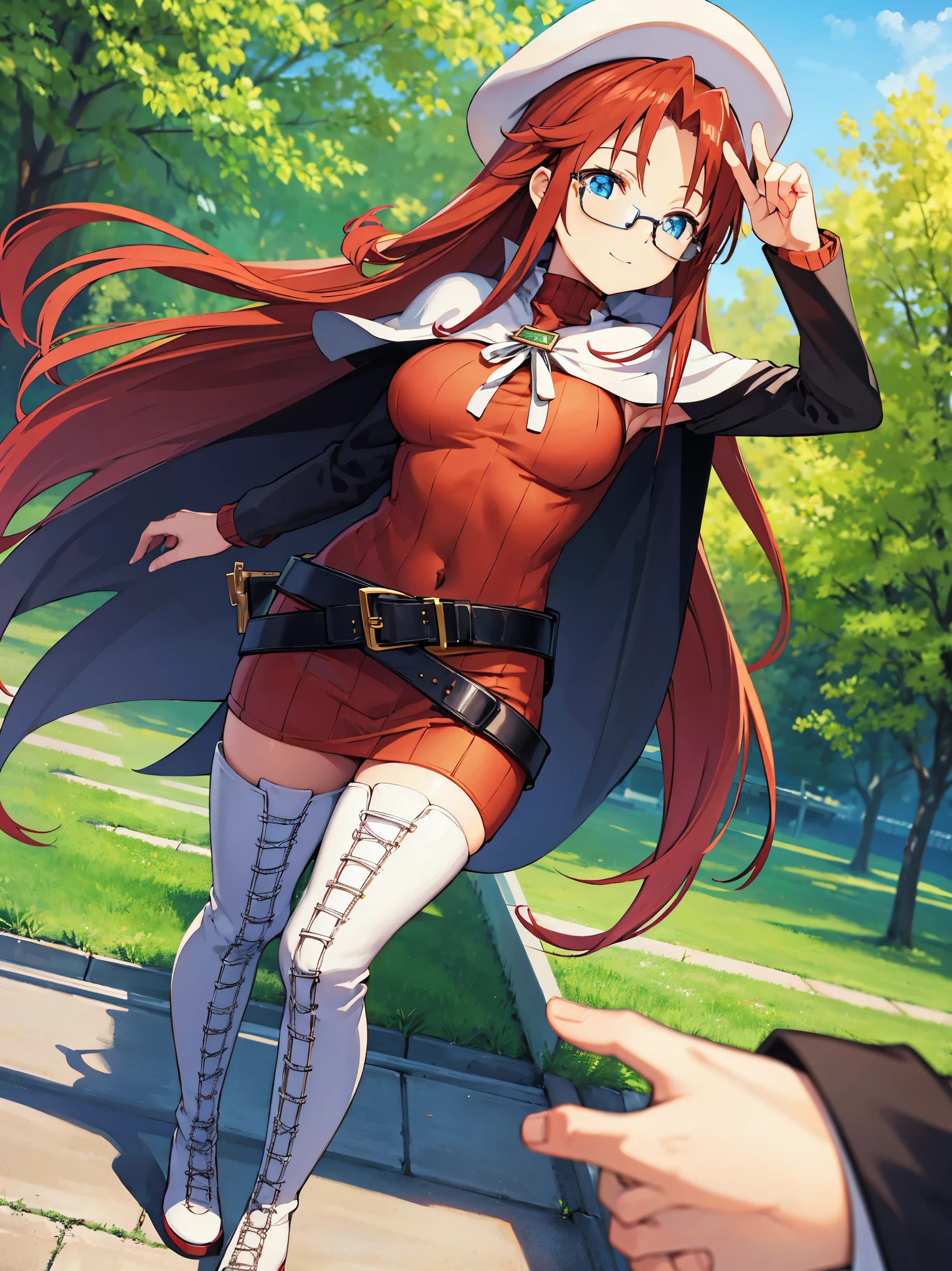 summonnightaty, aty, long hair, blue eyes, red hair, beret, hat, glasses,
BREAK long hair, thighhighs, hat, dress, boots, glasses, belt, cape, sweater, zettai ryouiki, beret, thigh boots, white footwear, ribbed sweater, loose belt,solo,
BREAK outdoors, fantasy,on_a_ship,
BREAK (masterpiece:1.2), best quality, high resolution, unity 8k wallpaper, (illustration:0.8), (beautiful detailed eyes:1.6), extremely detailed face, perfect lighting, extremely detailed CG, (perfect hands, perfect anatomy),covered_nipples,covered_navel,light_smile ,(half_eyes:1.4),sword,armpit,sleepy,dynamic_standing,barrel,red_sweater,apart_legs,magical_effect,focus_breasts,