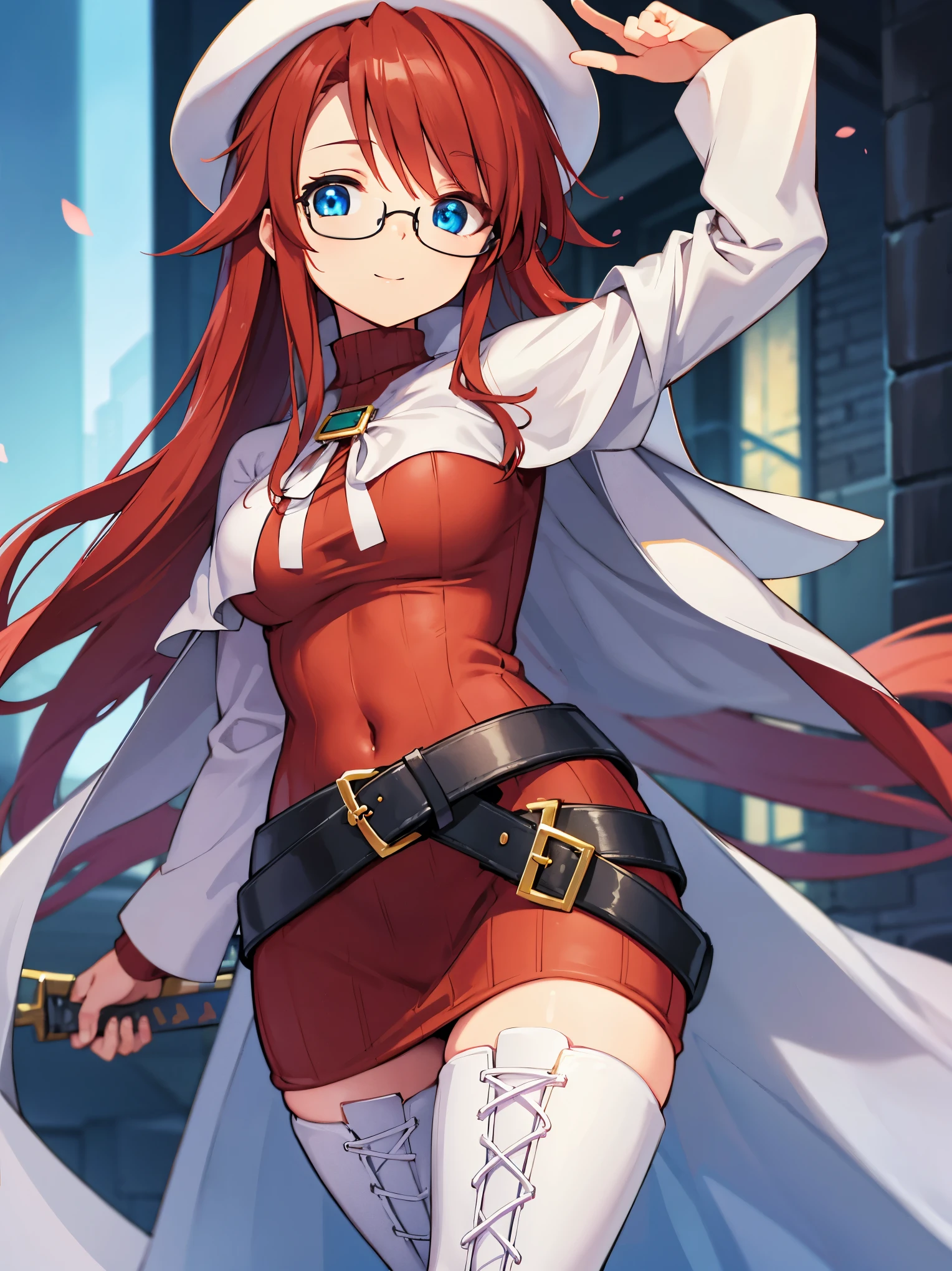 summonnightaty, aty, long hair, blue eyes, red hair, beret, hat, glasses,
BREAK long hair, thighhighs, hat, dress, boots, glasses, belt, cape, sweater, zettai ryouiki, beret, thigh boots, white footwear, ribbed sweater, loose belt,solo,
BREAK outdoors, fantasy,on_a_ship,
BREAK (masterpiece:1.2), best quality, high resolution, unity 8k wallpaper, (illustration:0.8), (beautiful detailed eyes:1.6), extremely detailed face, perfect lighting, extremely detailed CG, (perfect hands, perfect anatomy),covered_nipples,covered_navel,light_smile ,(half_eyes:1.4),sword,armpit,sleepy,dynamic_standing,barrel,red_sweater,apart_legs,magical_effect,focus_breasts,