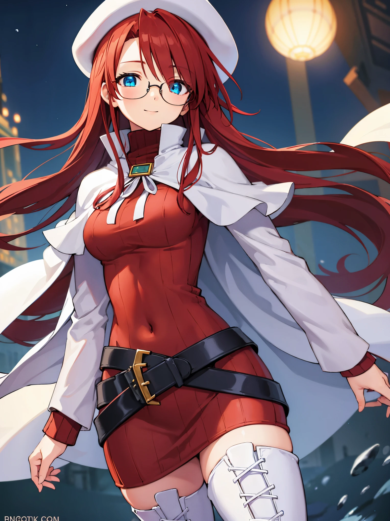 summonnightaty, aty, long hair, blue eyes, red hair, beret, hat, glasses,
BREAK long hair, thighhighs, hat, dress, boots, glasses, belt, cape, sweater, zettai ryouiki, beret, thigh boots, white footwear, ribbed sweater, loose belt,solo,
BREAK outdoors, fantasy,on_a_ship,
BREAK (masterpiece:1.2), best quality, high resolution, unity 8k wallpaper, (illustration:0.8), (beautiful detailed eyes:1.6), extremely detailed face, perfect lighting, extremely detailed CG, (perfect hands, perfect anatomy),covered_nipples,covered_navel,light_smile ,(half_eyes:1.4),sword,armpit,sleepy,dynamic_standing,barrel,red_sweater,apart_legs,magical_effect,back,ass ,