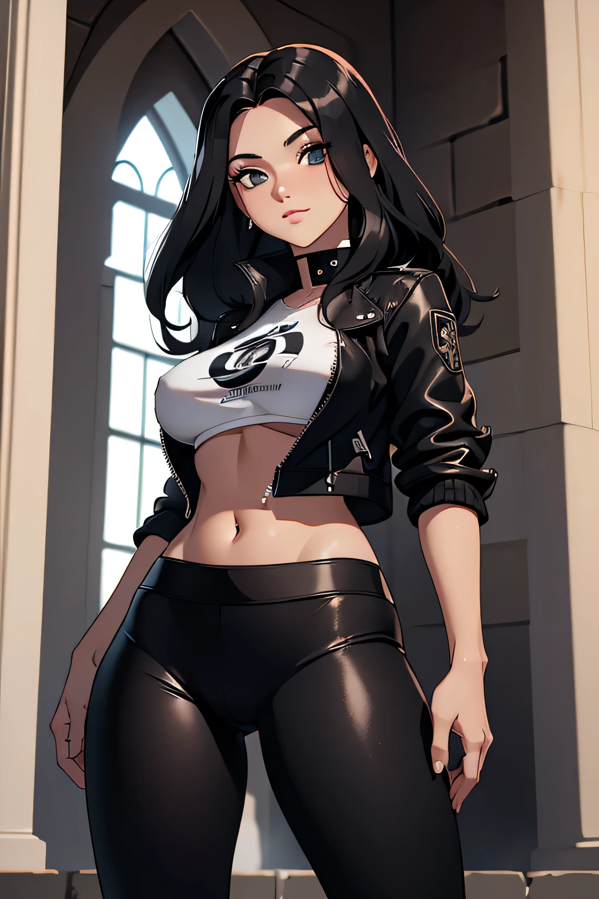 beautiful young female warrior fighter, com rosto bem detalhado e bonito, belos olhos, belos olhos, rosto lindo, beautiful young woman wearing long black leggings with black details, mini saia curta, usando jaqueta de couro preta, standing in a castle, usando bota preta, cabelo comprido com franja preto, ,orelhas de gato, belo sorriso, tomboy, um pouco musculosa,suter branco com cinta em volta, olhar serio,usando jaqueta de couro preto, com ombreiras de prata nos ombros, leather jacket