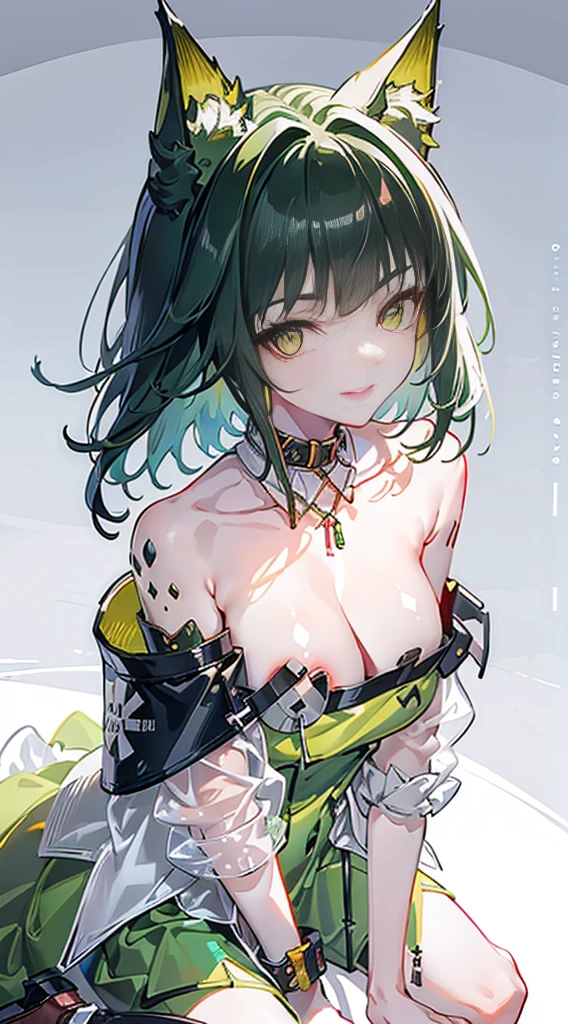 high quality, masterpiece, super detailed, 1 girl, extremely detailed faces, green clothes,handcuffs,collar,Calm expression,bright red lips,Smile,handcuffs,collar,long black hair, charming pink eyes, fox ears, Ridiculously big, shiny skin, Kneeling on the ground,slate,plant,Grass