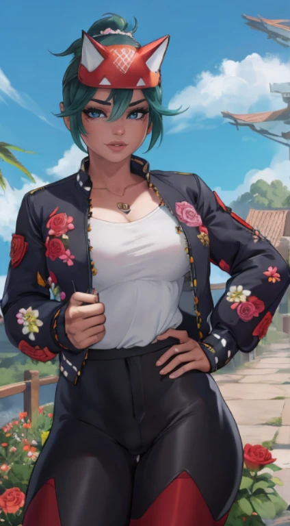 Kiriko overwatch, mulher fofinha, olhos verdes chamativos, de quatro, papel de parede ultra detalhado,   para cima, deitada, Hands, Kiriko overwatch 2 white shirt ((red pants)), (( black jacket and roses flowers symbol on jacket)), ((hands on hips )), ((rosto detalhado)),((Sorriso)), ((curvy body)), (seios grandes), sensual, (( dia)), ((cabelo verde)), ((blue sky)), ((inclinando-se para frente)), (fora de casa)) arvores de sakura,,(( segurando kunai))