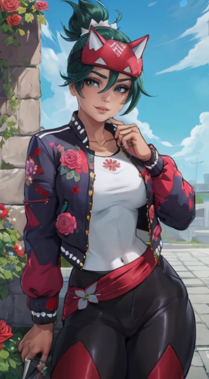 Kiriko overwatch, mulher fofinha, olhos verdes chamativos, de quatro, papel de parede ultra detalhado,   para cima, deitada, Hands, Kiriko overwatch 2 white shirt ((red pants)), (( black jacket and roses flowers symbol on jacket)), ((hands on hips )), ((rosto detalhado)),((Sorriso)), ((curvy body)), (seios grandes), sensual, (( dia)), ((cabelo verde)), ((blue sky)), ((inclinando-se para frente)), (fora de casa)) arvores de sakura,,(( segurando kunai))