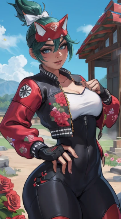 Kiriko overwatch, mulher fofinha, olhos verdes chamativos, de quatro, papel de parede ultra detalhado,   para cima, deitada, Hands, Kiriko overwatch 2 white shirt ((red pants)), (( black jacket and roses flowers symbol on jacket)), ((hands on hips )), ((rosto detalhado)),((Sorriso)), ((curvy body)), (seios grandes), sensual, (( dia)), ((cabelo verde)), ((blue sky)), ((inclinando-se para frente)), (fora de casa)) arvores de sakura,,(( segurando kunai))