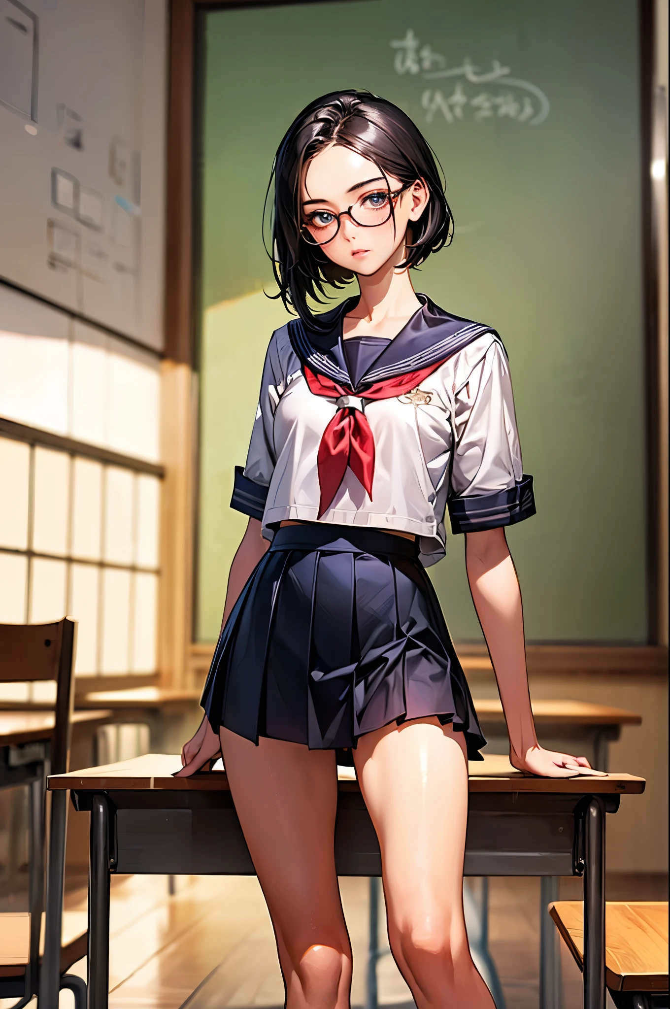 ((perfect anatomy:1.3,realistic:1.3,RAW Photography:1.3,masterpiece、highest quality、Ultra - High resolution、High resolution、Highly detailed CG、8K)),cowboy shot,1 female,solo,18 year old beauty, Japanese、((beautiful detailed face and eyes:1.2,big gorgeous eyes:1.2)),black rim glasses、black hair,short bob hair,(center parted hair:1.4,forehead),medium breasts,slender body,small head:1.3,skinny,(oily skin,gleaming skin,shiny skin),(Student uniform、sailor suit、Black sailor collar、Red neckerchief、pleated mini skirt),standing,Simple desk and chair、classroom、