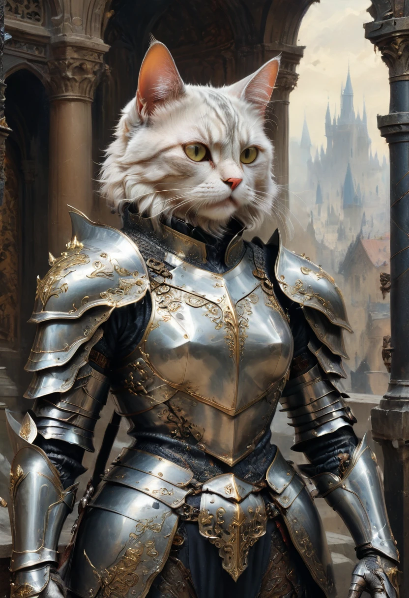 stray cat Knight, (masterpiece, best quality, perfect composition, very aesthetic, absurdres, ultra-detailed, intricate details, Professional, official art, Representative work:1.3)