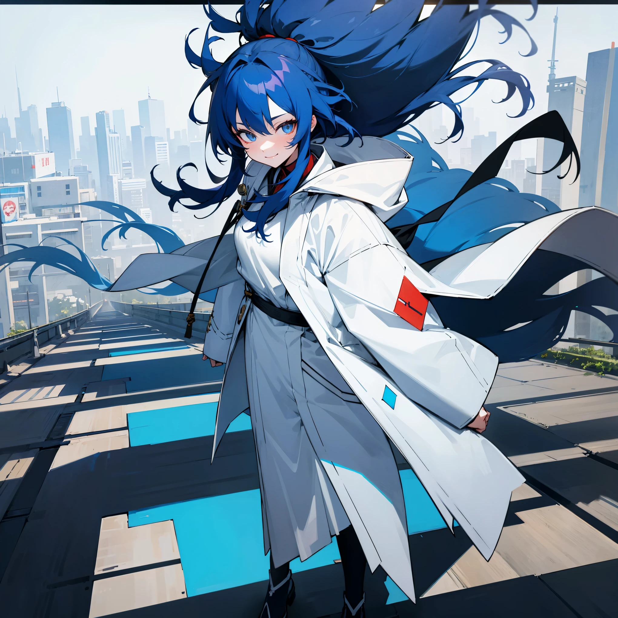 1Female , Black Yukata , White Overcoat , White Haori , Combat Clothing , Devilish Smile , Long Wild Hair , Dark Blue Hair , Standing on path , Modern City Background