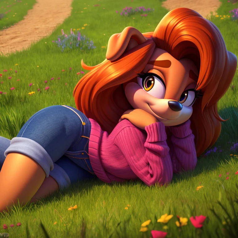 Disney character, Roxanne, mobian, dog, brown fur, long hair (orange), flowy hair, amber eyes, highly detailed eyes, cutoff jeans, sweater, smile, shy, blush, flower fields, laying on grass, masterpiece, UHD, anatomically correct, super detail, highres, 4K