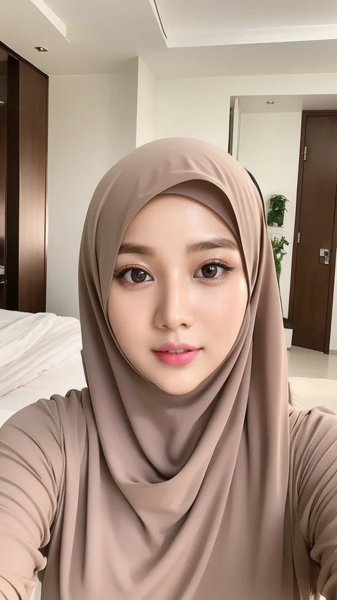 Beautuful Women、hijab, indonesian, realistic, ultra detailed face, 8K, a room、selfee、White Room、The face is cute、Vanrak Ayyans appears. beautiful、alone