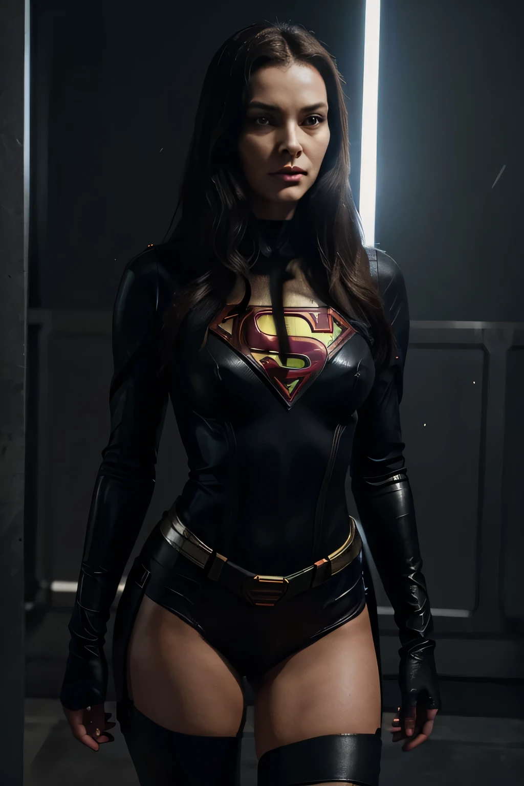 The fusion of Morticia and Supergirl results in a heroine with striking Supergirl traits. Your uniform is sexy and modern, em tons escuros e com o "s" em vermelho brilhante em seu peito. Ela possui Supergirl'Ela'Ela'Ela'Ela'Ela'Ela'Ela'Ela'Ela'Ela'It's strength and determination, combined with a touch of mystery and sensuality. His body is slender and athletic, reflecting his incredible physical ability. She radiates confidence and power, ready to face any challenge with grace and courage. This fusion is the embodiment of beauty, strength and bravery, ready to protect the world with your imposing presence. Linda,sexy,super ,Cripto, "s" No peito, Pernas lindas,amante,atraente "s" make superman, in a post-apocalyptic scenario,undoing, TWD, villain,High definition, 8k,uniform in worn metallic colors,becos escuros deGotham City,chamado do batman ao fundo. holofote do batman