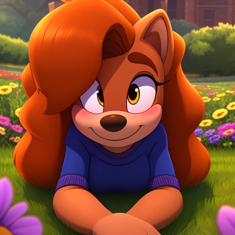 Disney character, Roxanne, mobian, dog, brown fur, long hair (orange), flowy hair, amber eyes, highly detailed eyes, cutoff jeans, sweater, high-top laceless sneakers, smile, shy, blush, flower fields, laying on grass, masterpiece, UHD, anatomically correct, super detail, highres, 4K