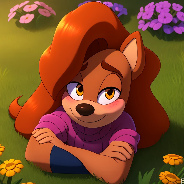 Disney character, Roxanne, mobian, dog, brown fur, long hair (orange), flowy hair, amber eyes, highly detailed eyes, cutoff jeans, sweater, high-top laceless sneakers, smile, shy, blush, flower fields, laying on grass, masterpiece, UHD, anatomically correct, super detail, highres, 4K