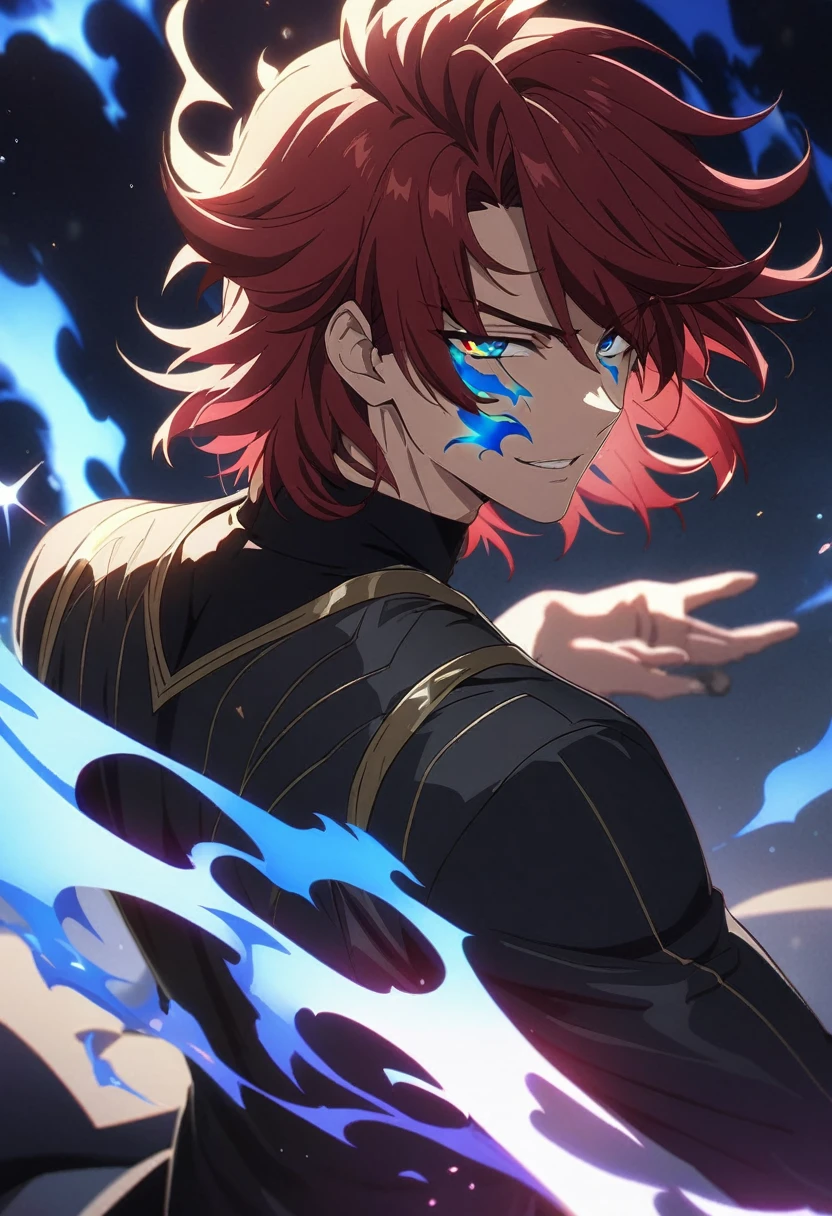 (Young guy), ((handsome)), 1guy, (solo), (red medium hair:1.1), (blue eyes:1.1), ((eyes details)), fit body, black turtleneck, black trouser, ((seductive smile)), anime hight quality, masterpiece, flames light on face, fiery eyes, blue fiery eyes, magic eyes, dark starry sky, flames and sparkles, back stance fighting position