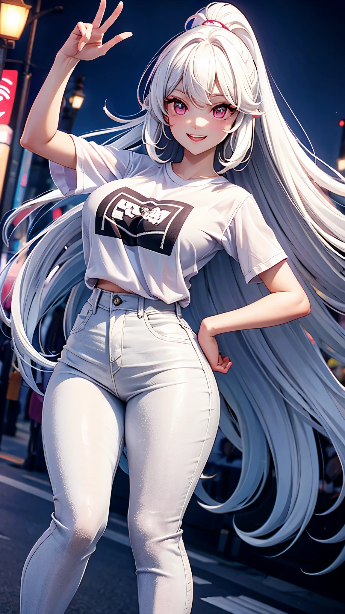 Silver hair ponytail, A dark-skinned woman wearing a black dress shirt and slim jeans is preparing fried shrimp。. Showing your belly button