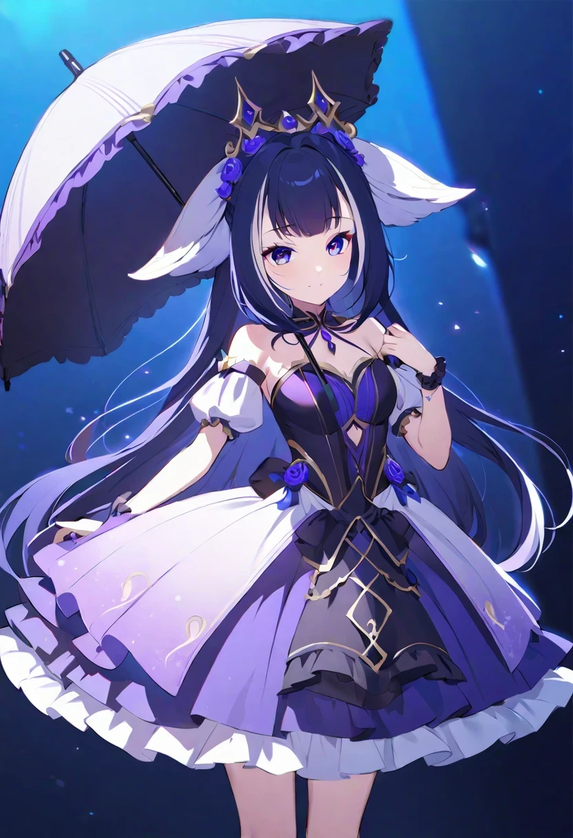 ((shylily)),Anime girl in purple skirt holding umbrella in dark room, Moon themed clothing, fantasy costumes, rococo cyberpunk, Elegant Gothic Princess, black and purple clothing, gothic shoujo anime girl, Astral Witch Clothes, ta fashion, ((beautiful fantasy queen)), Charming hypnotic woman, Dress up in dreamy formal attire, lulua workshop, fairy tale core, I'm going