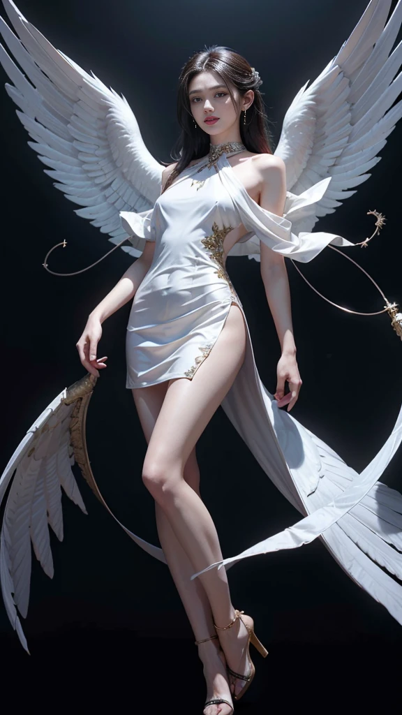 devil angel, There are 12 wings on her shoulders.., wings burst from wings, have many wings, wings separated, Twelve wings rested on his shoulders..., have many wingsออกมาจากไหล่., pure black and white wings, Add wings to the shoulders., Add wings to the shoulders., Realistic picture, highest resolution, 16k, A god with wide wings and enormous power on his shoulders...., wings overlapping wings on shoulders., Add dynamic wings, สาวสวยผมlongสองเมตร, ผมของฉันlongมาก, ผมlongสีดำ, ผมlongเป็นพิเศษ, ผมlongโดดเด่น, ความงามที่ได้มาจากผมlong, ผมlongสีดำ, long, Slippery hair, Smooth white skin, Smooth white skin, shiny hair, very red lips, charming standing posture, big breasts, เต้าbig tits, big breasts, The breasts are soft and fluffy..., Plump breasts, Plump breasts, eye-catching breasts, small waist, hips raised, small thighs, long legs, Women who are 172 centimeters tall, perfect proportions, Anatomically correct, proportional anatomy, dynamic poses, Float in the air, The sky is dark. backdrop, The sky is dark., See the whole body.., like full body, Visible in every part of the body, back light, blessing, just, not wearing clothes, ร่างกายjustเปล่า, naked, Saw, see nipples, big tits, Short white dress with black embroidery, a few pieces of jewelry, gold armor