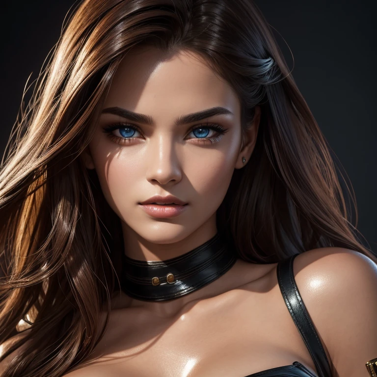 (best quality,4k,highres),realistic,portrait,leather,sexy,beautiful detailed face,gorgeous hair,detailed eyes and lips,well-defined body,alluring pose,vivid colors,studio lighting,shiny textures,fierce expression