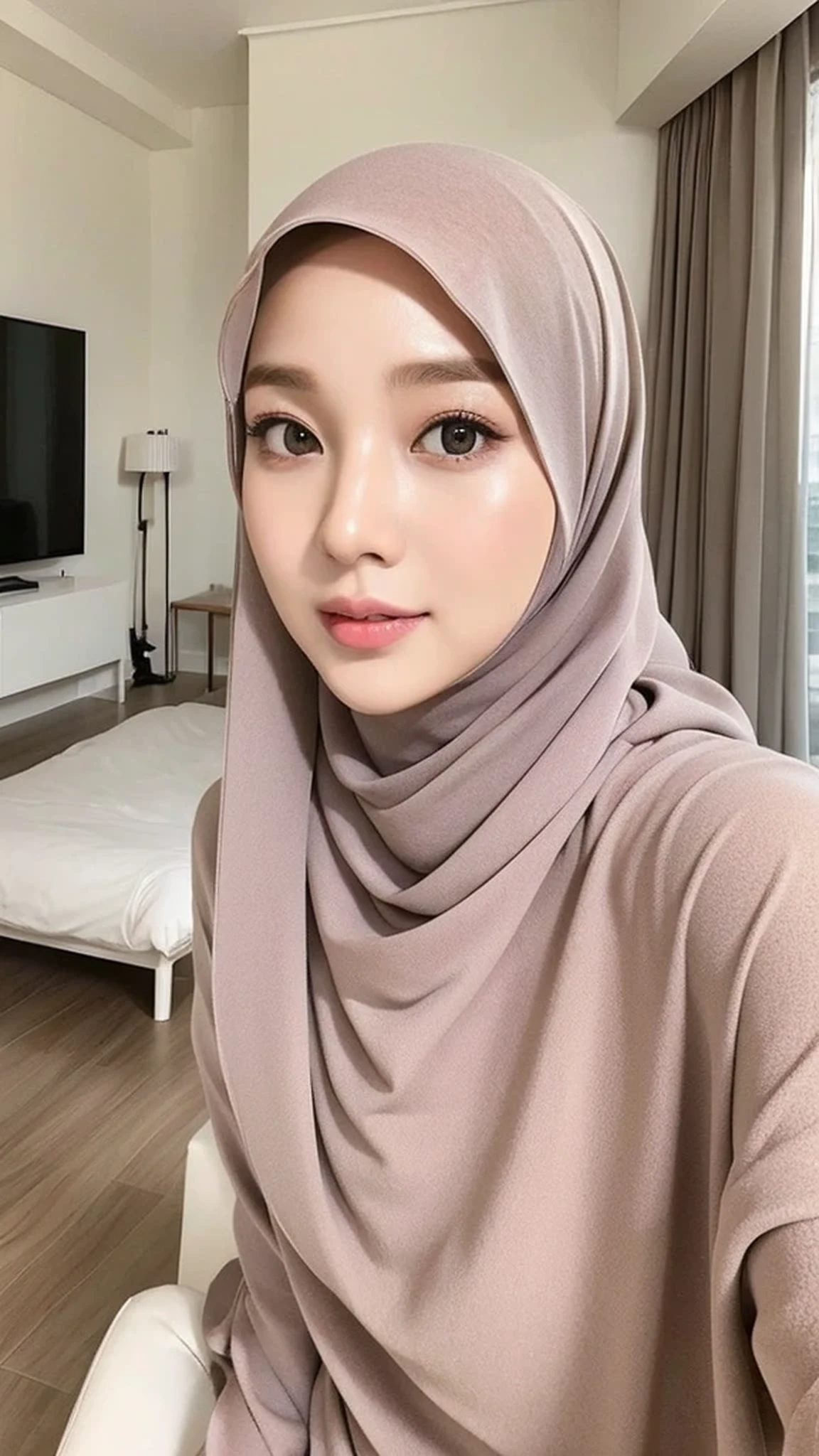 Beautuful Women、hijab, indonesian, realistic, ultra detailed face, 8K, a room、selfee、White Room、The face is cute、Vanrak Ayyans appears. beautiful、alone