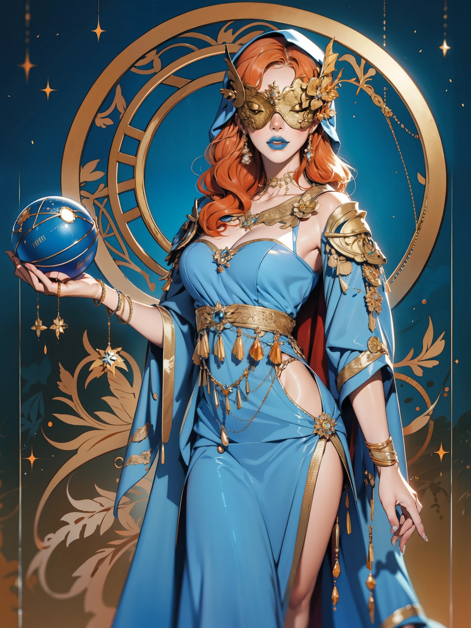 realistic:1.4, hood up:1.2, orange hair, covered eyes:1.2, long hair, hair over shoulder, robe, blind mask:1.2, danceroutfit, light blue clothes, crystal ball, sphere, cape, blue lipstick:1, cleavage, 1girl, solo, (masterpiece:1.6, best quality),
