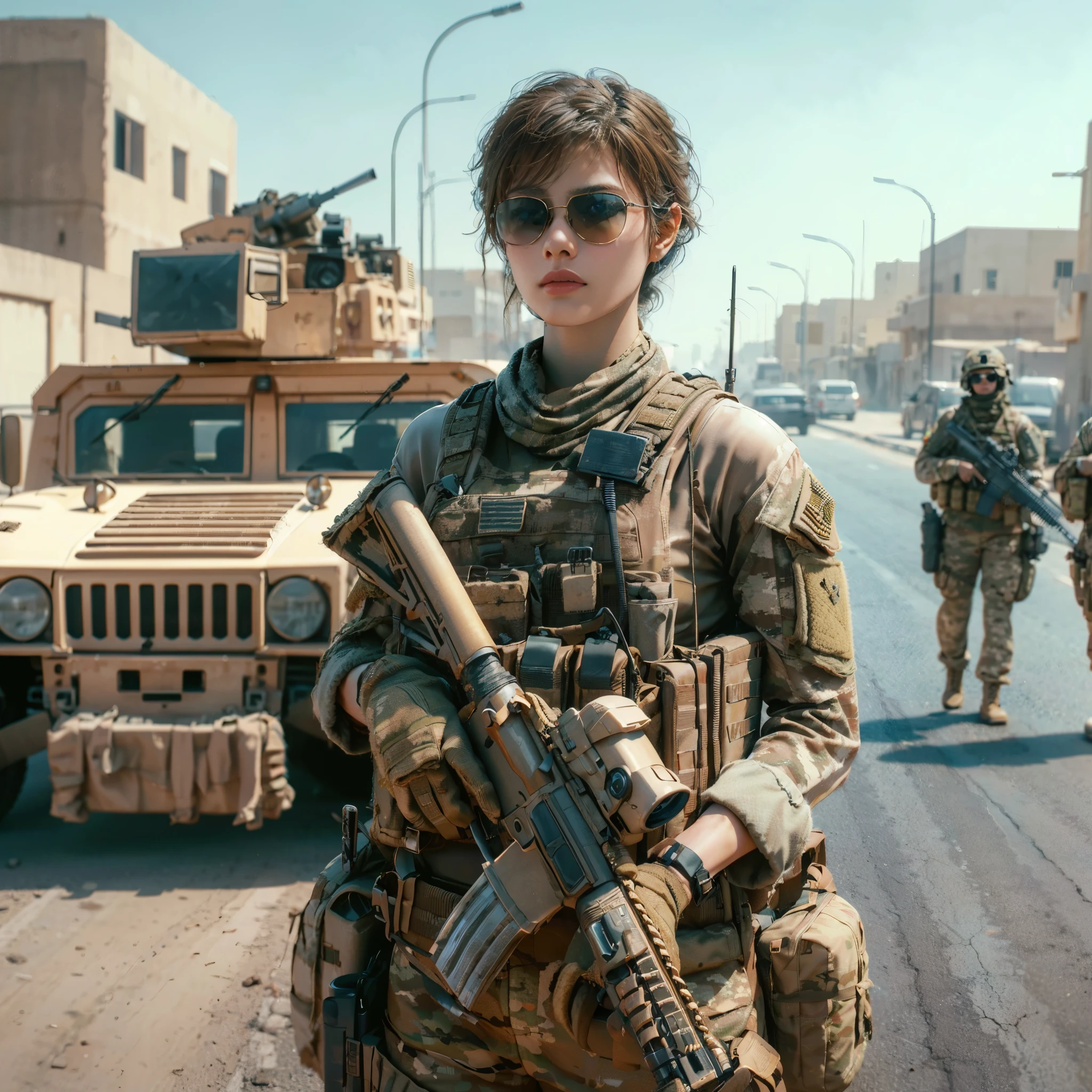 Masterpiece, an American 32 years old female CIA operative in a Baghdad street. She is standing near a Humvee in a deserted Baghdad city street. she is holding her desert camo m4A1 assault rifle. The lanscape is typical urban Baghdad street and 2 other operatives can be seen near her, exhauted but relaxed face. She has very short light brown messy hair with blue eyes. her skin is pale. tired thin face, hardened expression. she is wearing sunglasses, soldiers in uniform walking down a street with a vehicle behind them, realistic soldiers, mechanized soldier girl, of a sniper girl in war, female lead character, infantry girl, 2020 video game screenshot, detailed cinematic render, octane highly detailed cinematic, highly detailed cinematic, portrait of a female soldier, beautiful female soldier, small character. unreal engine 5, 16K, ultra high res.photorealistic, UHD, RAW