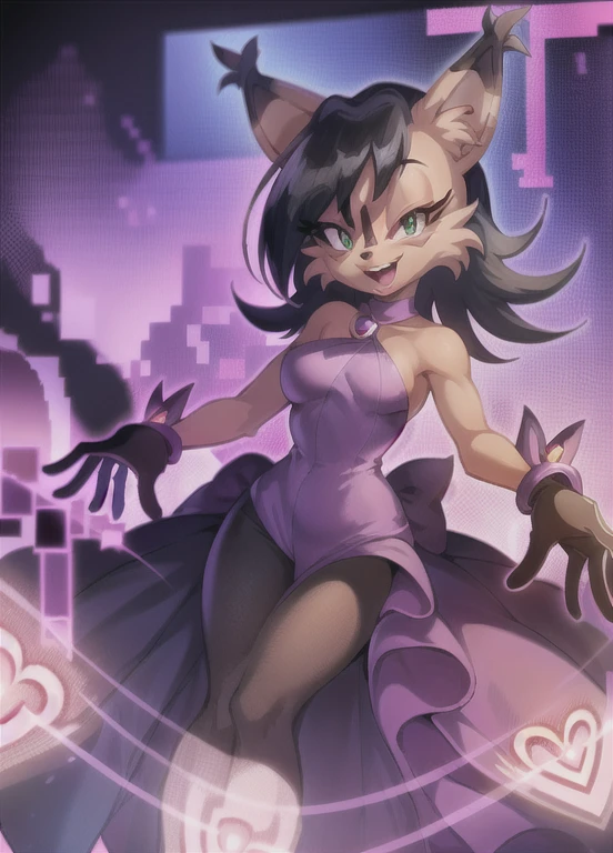 nicolethelynx, (best quality, masterpiece:1), furry female anthro, strapless purple dress, split dress, black pants, black and white gloves, purple cuffs, standing, looking at viewer, open mouth, smile, (digital abstract background:1.2), 