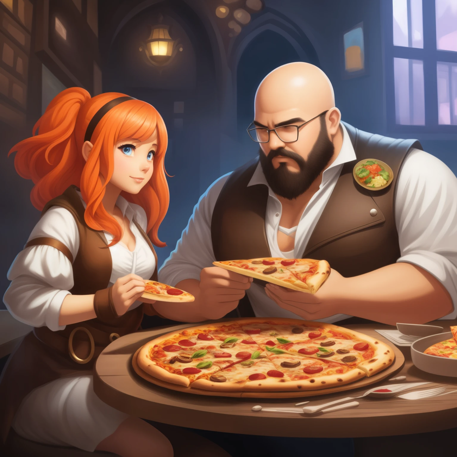 there is a man and a woman sitting at a table eating pizza, artwork in the style of Gouvez, sharing pizza, The Pizza Universe, Sakimichan and Frank Franzzeta, chew pizza, Fantasy tavern background, eating pizza, Gouvez, the art of role play, Gouvez on artstation pixiv