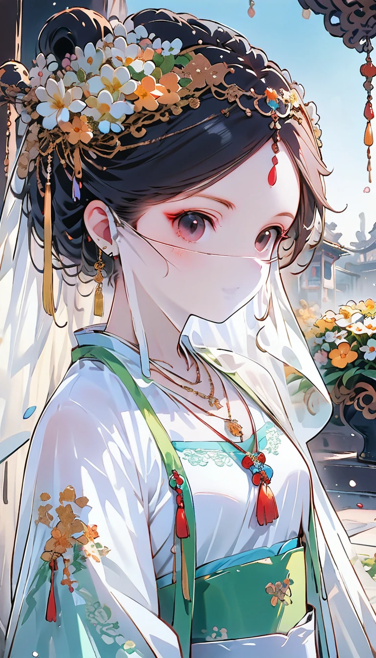 (masterpiece, best quality:1.2),  curly hair curly hair，Eyes are very delicate,Chinese beauty,Gorgeous lace bean green Hanfu,whole body（（（hair accessories）））（（（veil）））,necklace,a garden with many flowers,（（（masterpiece）））, （（best quality））, （（intricate details））,（（surreal））（8K）