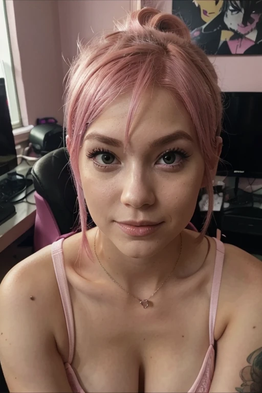 Very Close up photo of a very beautiful pink hair woman very sexy with big breasts, very close to the camera, only the face,  looking at the camera laughing