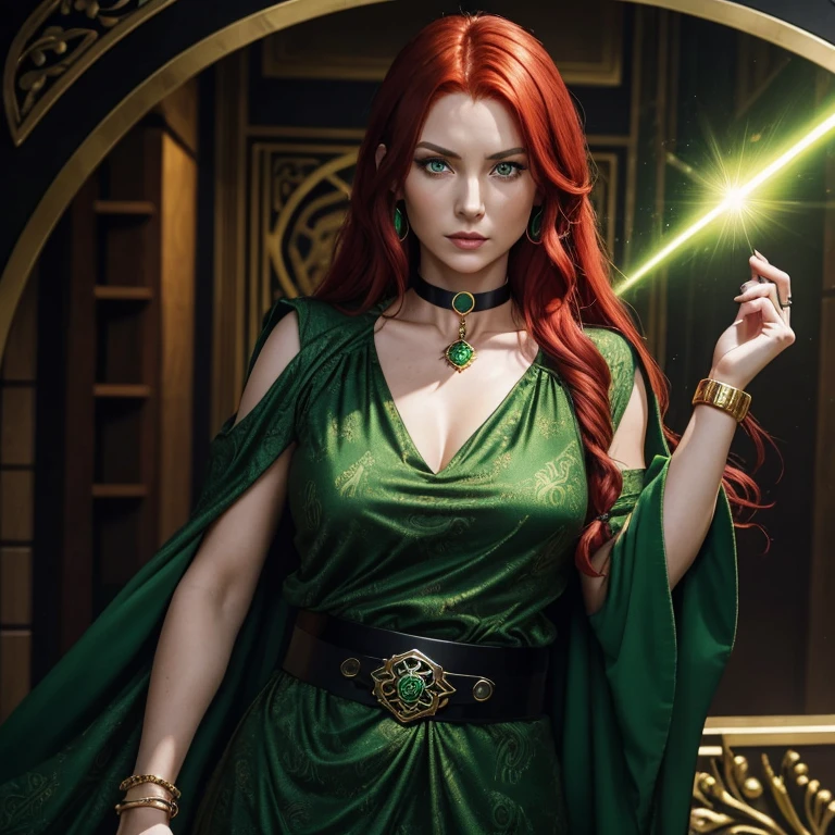40-year-old woman with red hair, ruby choker, green dress with arcane print, black belt, green eyes, black locks, emerald bracelet, looking straight at the viewer, golden diara 