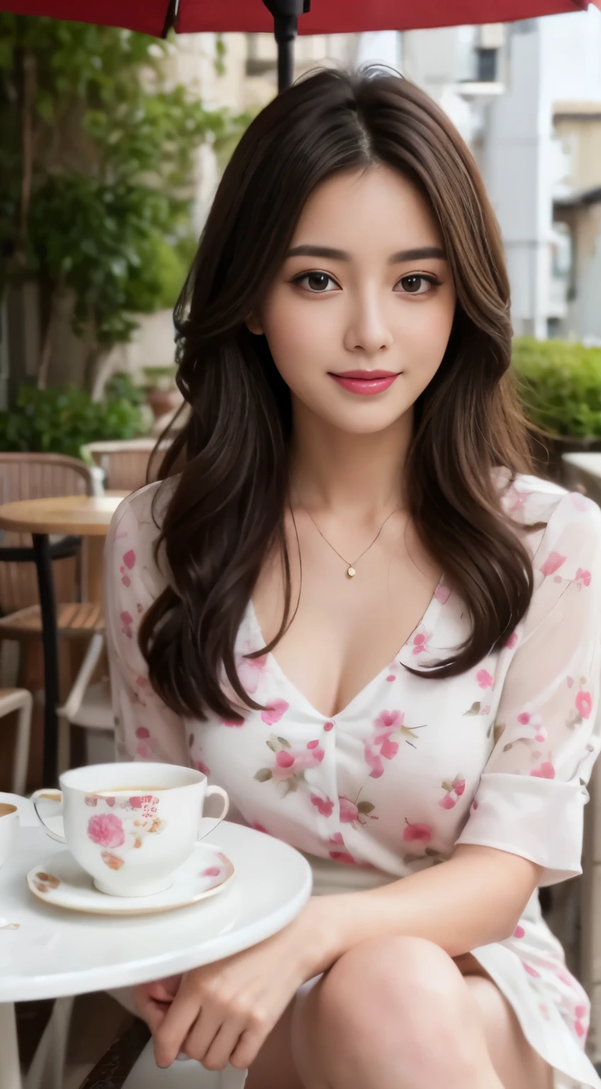 best quality, realistically, super detailed, High resolution, 8k wallpaper, 1 beautiful woman,Shiny skin、japanese girl、 Pink wet lips, floral blouse、white skirt, lock focus, perfect dynamic composition, beautiful eyes, delicate hair, Detailed realistically skin texture, smile, close up portrait, model body shape, On the open terrace of the cafe, (full body shot), sitting、smiling happily、legs crossed、tea time、Cup and saucer、Bring the cake to your mouth、mouth open、eyes closed、beautiful feet、Shooting from a distance,