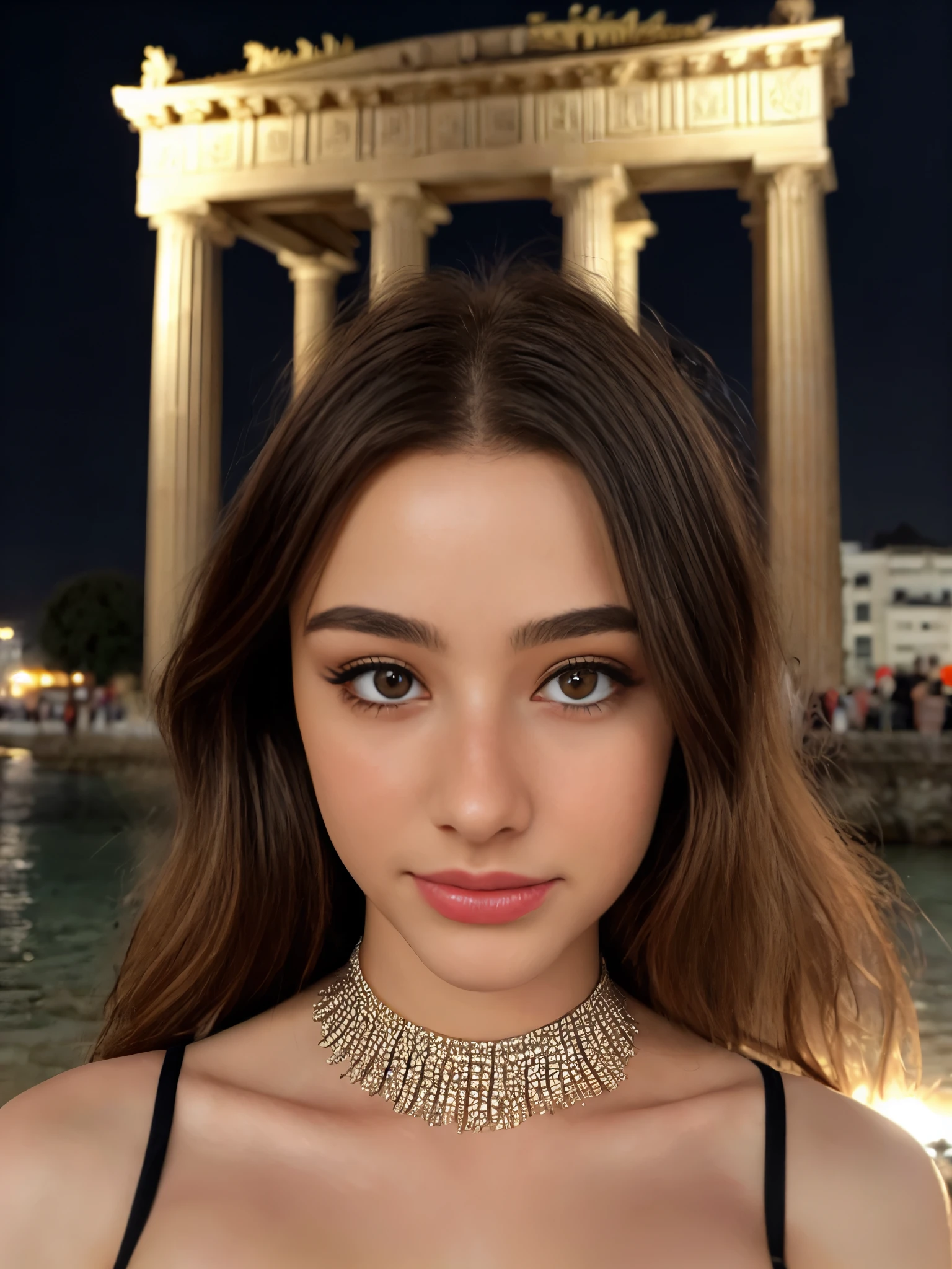 ( Absurd , good quality , Ultradetailliert, vorsichtig mit der Hand ) , goddess in athen . Optimistisch, fair gesinnt, lustiges und intellektuelles Gesicht . ruthless, Kaltherzig, ungeduldig, exaggerated style . dunkelblaue Augen (Augendetail) , tiefblaues Haar mit Bling-Bling , Transparentes Kleid , im Ozean mit Sternen , Hole body , Feuernatur , Gott Chiron