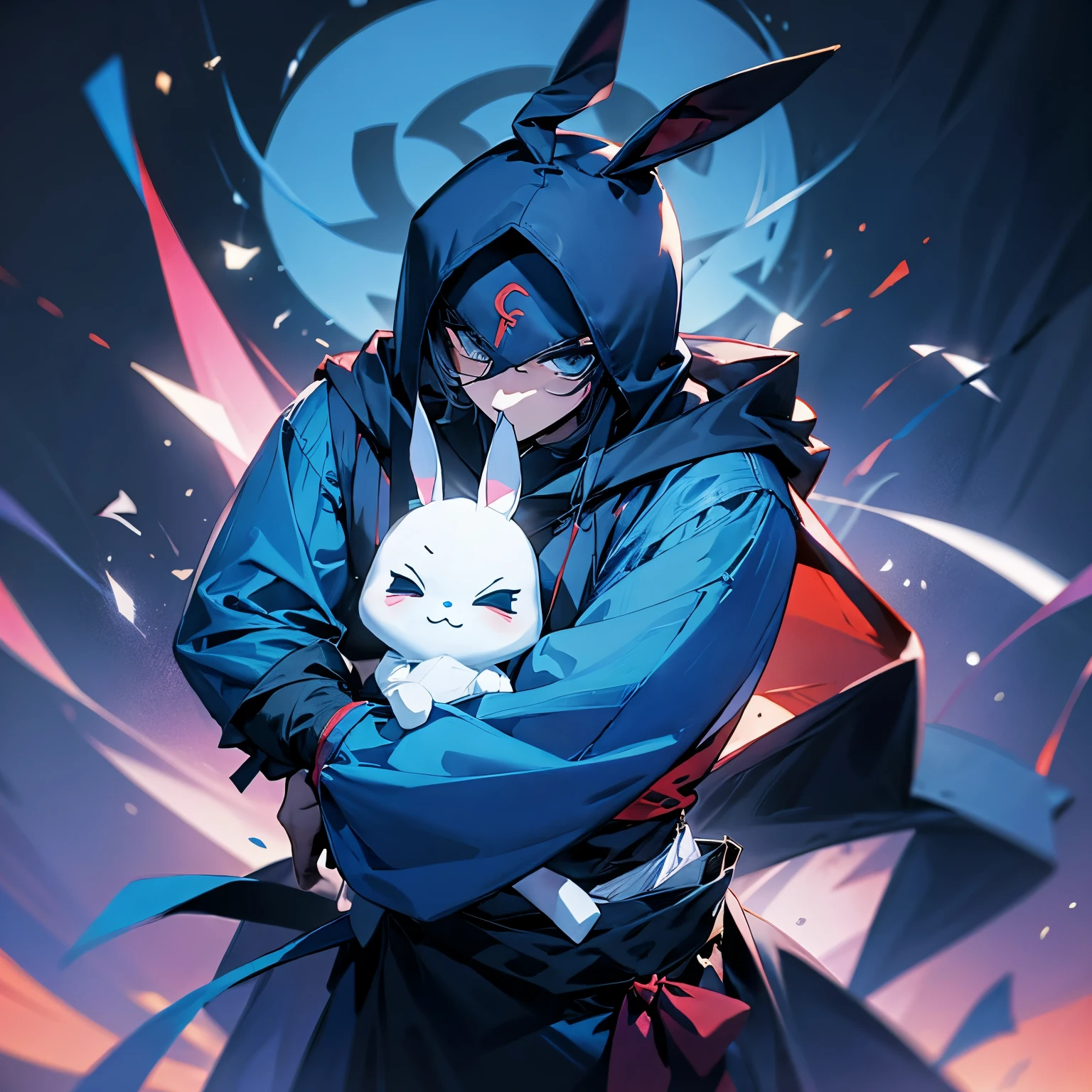 Un lapin hacker geek dont on voit à peine son visage portant une capuche bleue nuit devant son ordinateur dans un sombre décor 