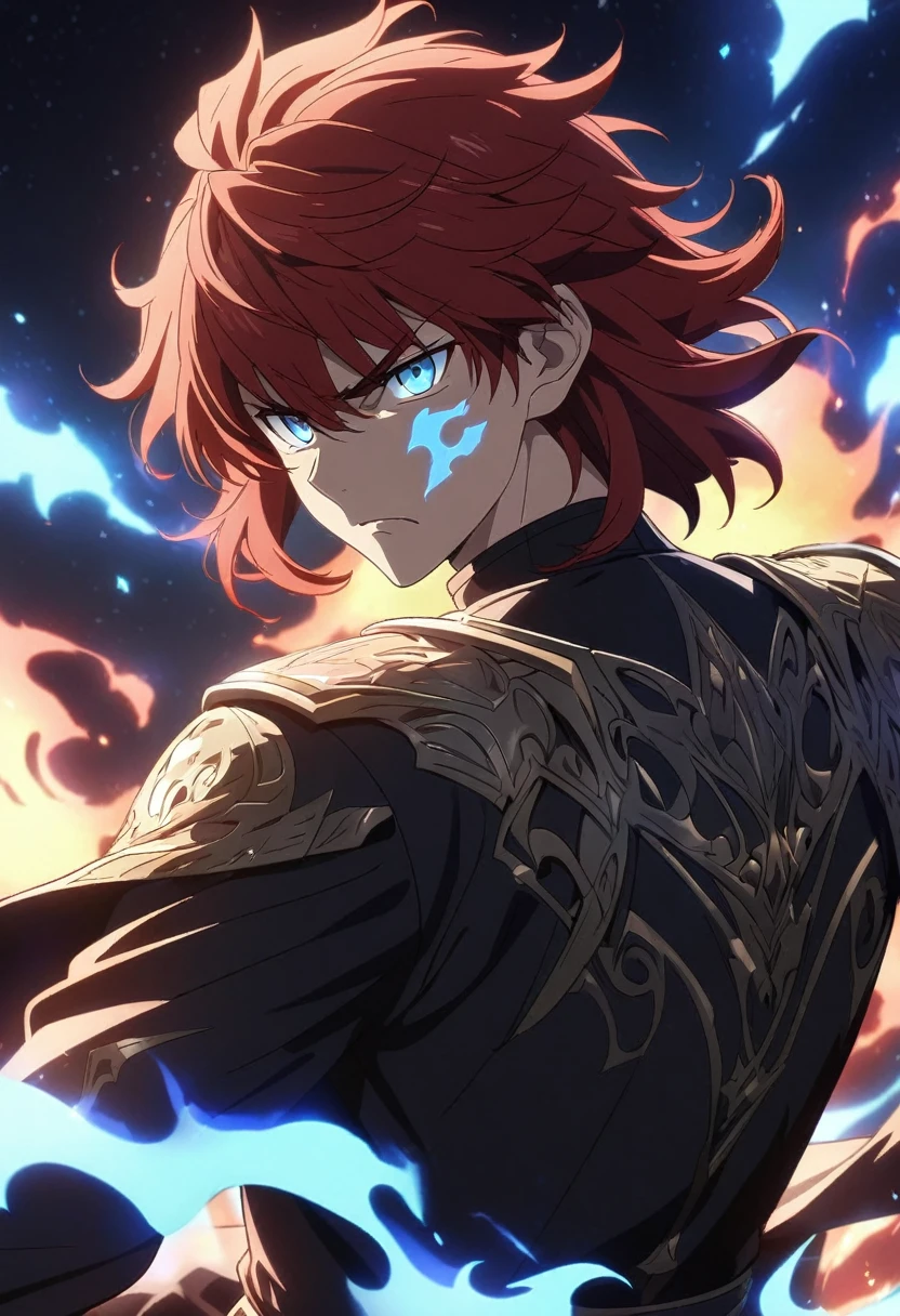 (Young guy), ((handsome)), 1guy, (solo), (red medium hair:1.1), (blue eyes:1.1), ((eyes details)), fit body, black turtleneck, black trouser, ((serious face expression)), anime hight quality, masterpiece, flames light on face, fiery eyes, blue fiery eyes, magic eyes, dark starry sky, flames and sparkles, back stance fighting position