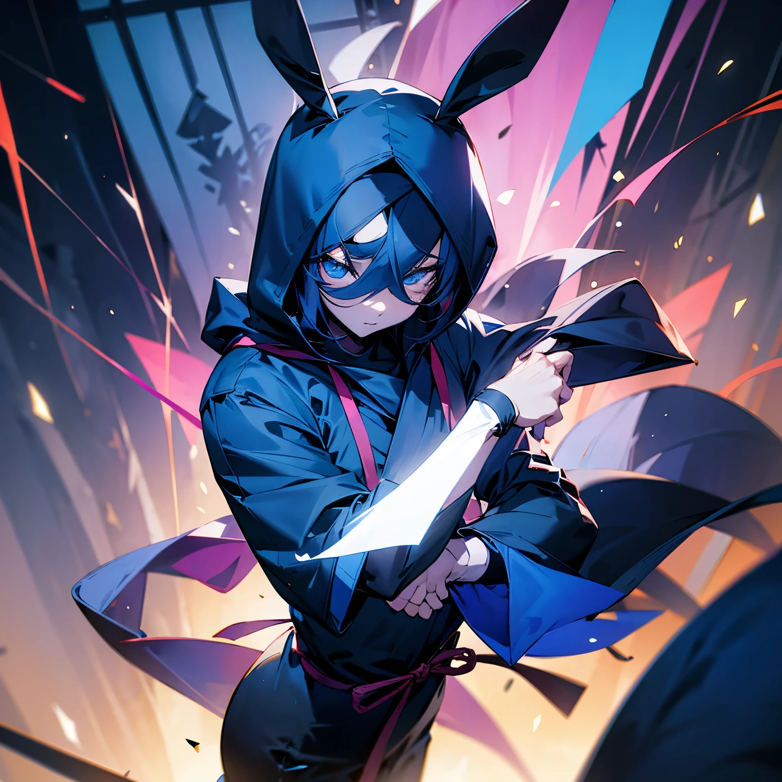 Un lapin hacker geek dont on voit à peine son visage portant une capuche bleue nuit devant son ordinateur dans un sombre décor 