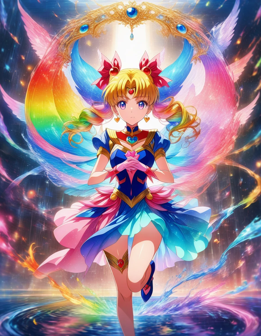 1girl, Sailor Moon, Sailor Moon, 📷 Capture the essence of a Magical Girl (Mahou Shoujo), medium: hyper-realistic photography, style: capturing the vibrant energy similar to that of Sailor Moon, lighting: high-key with a focus on bright, clean light to enhance her youthful energy, colors: a spectrum of rainbow hues with a dominance of sailor blue, composition: shot with a Sony Alpha 1, FE 135mm f/1.8 GM lens, resolution 50.1 megapixels, ISO 200, f/2.2 aperture, shutter speed 1/320 second. Position the Magical Girl in an action pose, mid-twirl, her ribbon-like accessories flowing dynamically around her . (masterpiece), (best quality), (ultra-detailed), very aesthetic, illustration, disheveled hair, perfect composition, moist skin, intricate details, anime artwork, anime style, visual, vibrant, studio anime, highly detailed, aesthetic