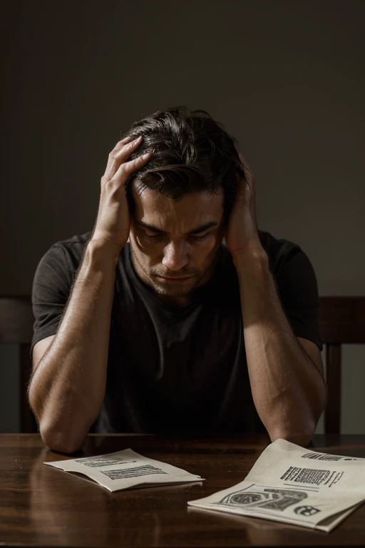 a man sitting at a table, with his hands on his head, very worried, full of papers on the table, worried about not having money, as he owes several people, darker image, wi