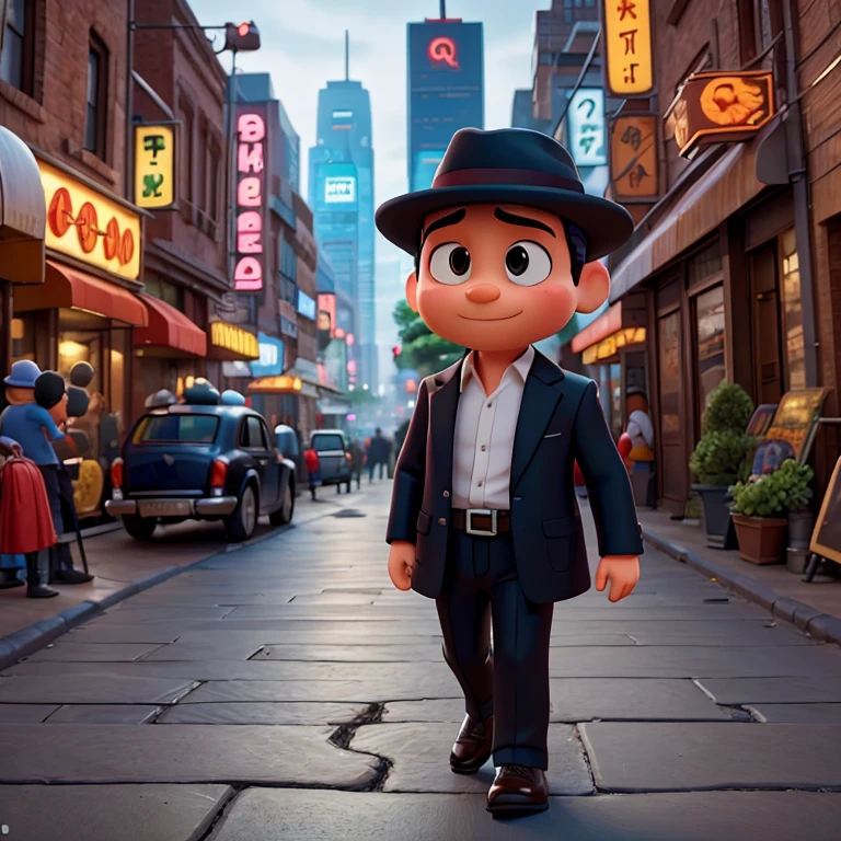 In the heart of a vibrant city, amidst the bustling streets, stands Pocoyo, donning a stylish suit and fedora that reflect his mafioso persona. With an air of confidence and a mischievous glint in his eyes, he commands attention. The neon lights of the city illuminate his path, creating a colorful backdrop for his charismatic presence. Pocoyo, a figure of mystery and intrigue, walks with purpose as he navigates the maze-like alleys, his steps echoing against the cobblestone pavement. His loyal entourage follows closely behind, mirroring his every move with unwavering loyalty. The city's pulsating energy surrounds him, intensifying his enigmatic aura. Pocoyo, the mob boss with