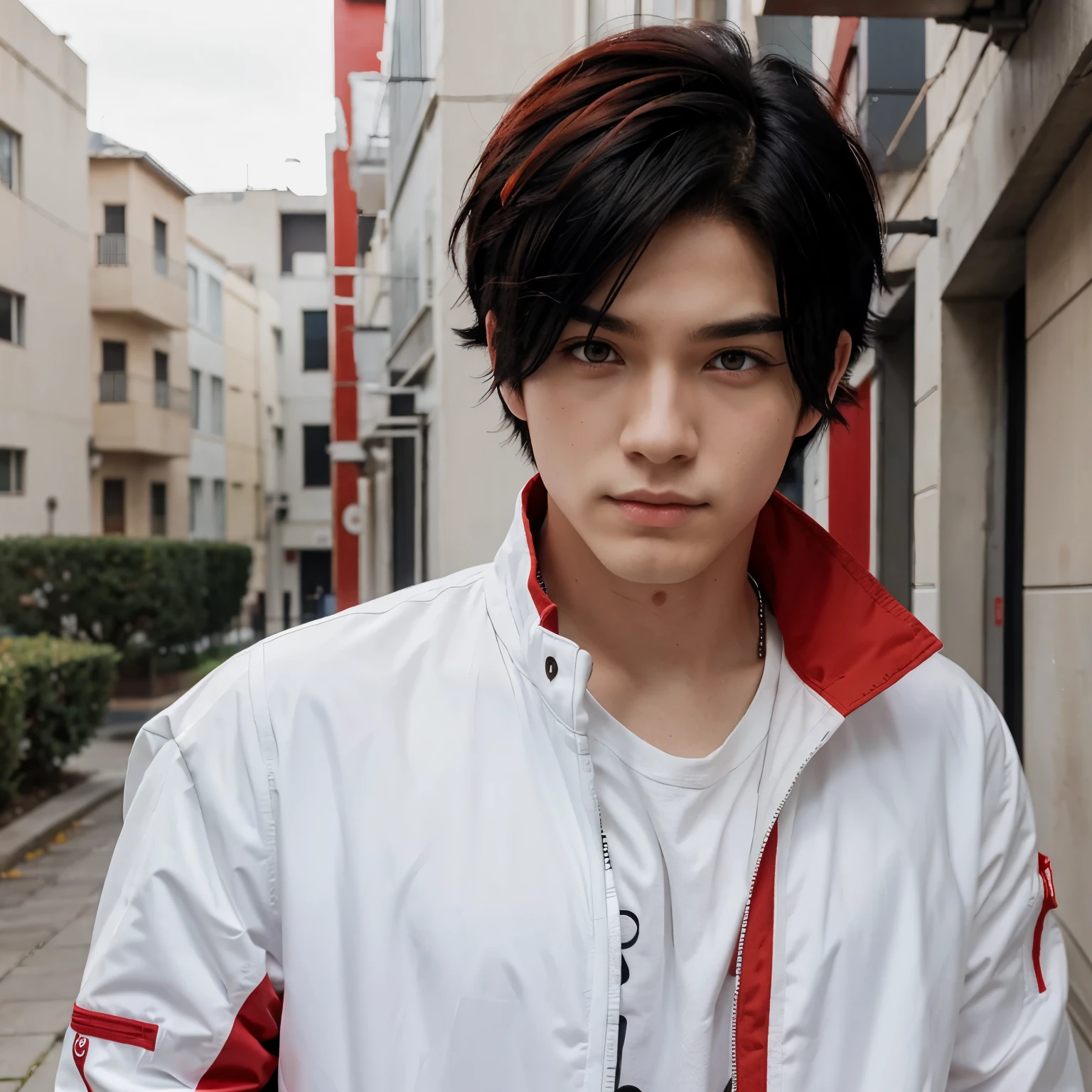 Anime boy Black hair and Red hair Red eyes white jacket