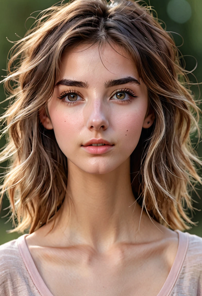 23 year girl, light blush, detailed pupils,smlile, cute expression, lookng towards viewers, messy hair, rectangular shape nose, upwarded nose,sharp nose,slim and skinny face,realistic scenery, realisic sexy face,