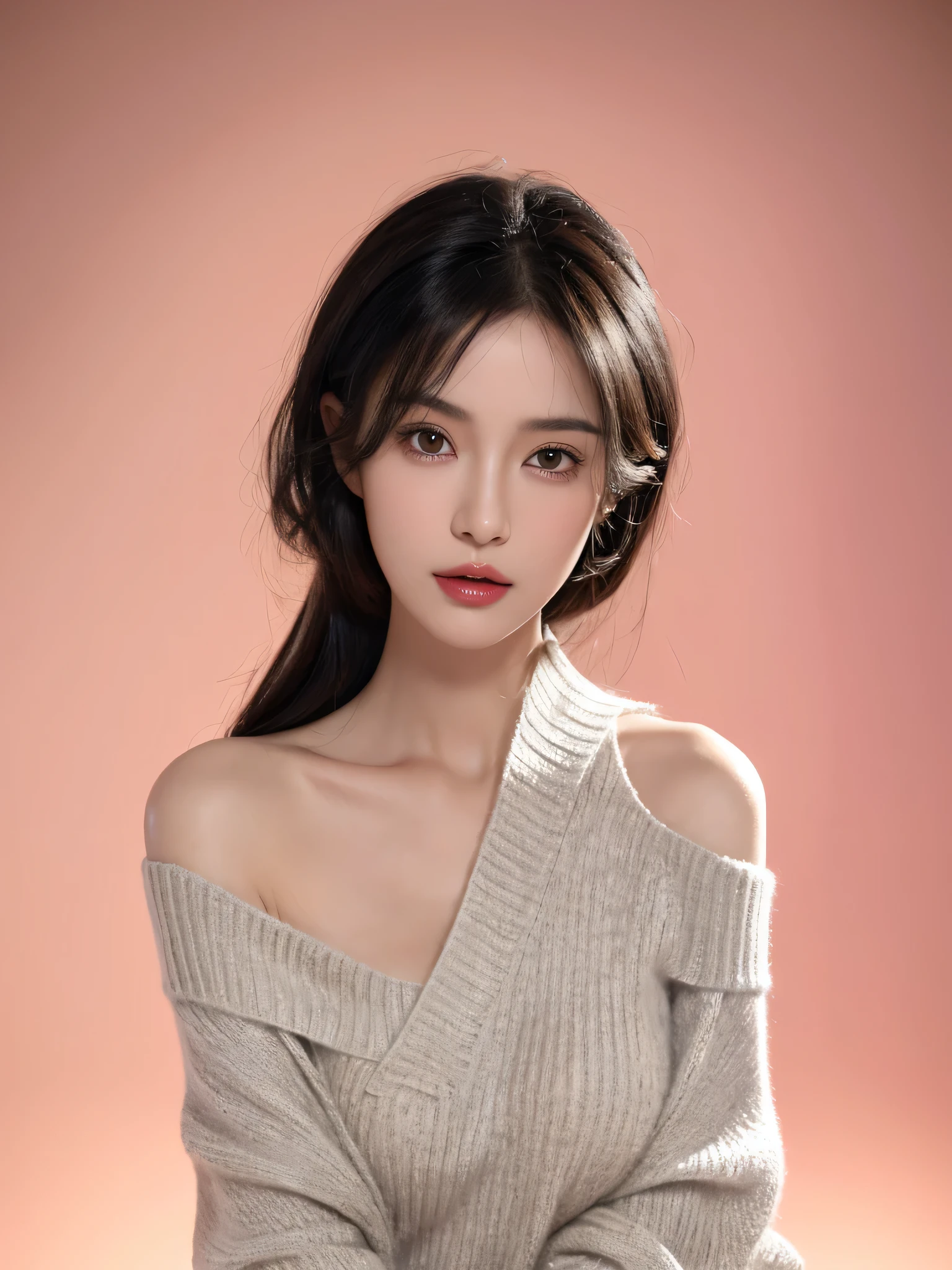 （lifelike,high resolution：1.3）， A slim girl， The face shape and eyes are super delicate,black hair,red glossy lips,(beautiful face), (best quality), (Super detailed), (Extremely detailed CG unified 8k wallpaper),((Tight off-shoulder sweater)),(White background),(cleavage),(Model photo),sexy look,big eyes,(standing),(air bangs),(Slim waistline)，Eyes look at the audience,Teardrop-shaped breasts,soft breasts,very realistic breasts,Character centered,black hair